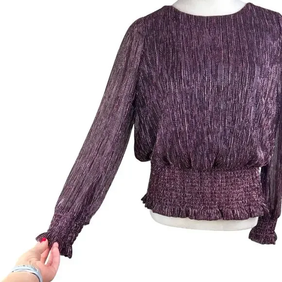 Joie Black & Pink Metallic Textured Ribbed Smocked Waist Long Sleeve Blouse - Picture 4 of 11